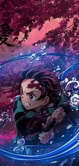 Anime hero with water swirl in vibrant scene.