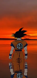 Anime character standing by a reflecting lake at sunset.