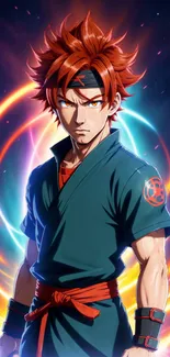 Anime hero with fiery aura and red hair in a dynamic mobile wallpaper.