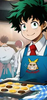 Anime hero in kitchen with cookies.