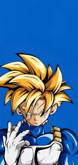 Anime hero with spiky hair on a vivid blue background.