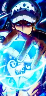 Anime hero with intense blue energy emanating for mobile wallpaper.