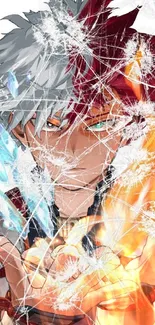 Anime hero with fiery and icy powers, intense gaze.