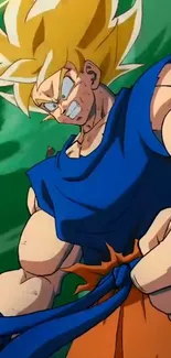 Animated warrior in blue outfit with powerful stance on green background.