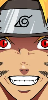 Close-up of anime hero with red eyes and fierce expression.