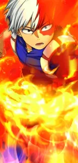 Anime hero surrounded by fiery flames in action-packed mobile wallpaper.