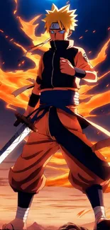 Anime hero in fiery orange glow with sword, stunning wallpaper art.