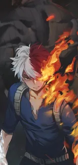 Anime hero with fire powers and dynamic background.