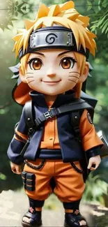 Chibi anime hero in a lush green forest setting.