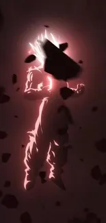 Anime hero glowing with energy and rocks in a dark setting.