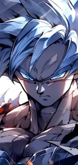 Anime hero with intense expression, blue energy aura, and vibrant colors.