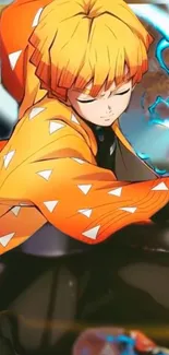 Anime hero in orange robe with dynamic action scene in mobile wallpaper.