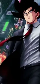 Anime hero in a suit with neon city backdrop.