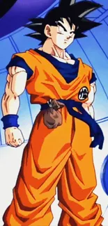 Anime character stands in orange attire with blue accents on a bright background.