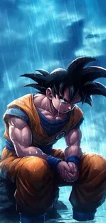 Anime hero sitting in the rain with vibrant blue and orange colors.