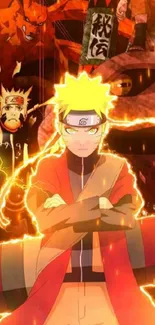 Anime character surrounded by a lightning aura with vibrant orange colors.