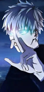 Anime character with glowing blue aura set against a dark background.