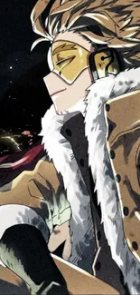 Anime hero wearing goggles and a fur coat in a dynamic mobile wallpaper.