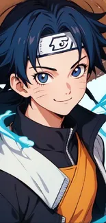 Anime hero with blue hair and bold colors in mobile wallpaper design.