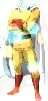 Anime hero in yellow suit with dynamic lighting and colorful background.