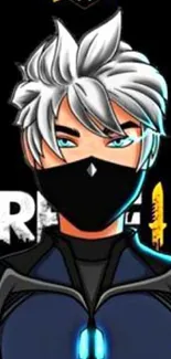 Anime styled masked hero with white hair.