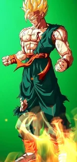 Epic anime hero in battle stance with green background.