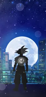 Anime hero silhouette against a city skyline with a full moon and starry sky.