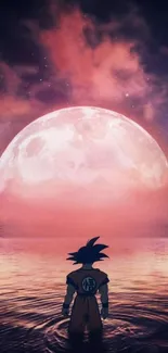 Anime character under a pink full moon.