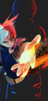 Anime character with fiery powers on a dark background.