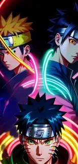 Anime heroes with neon lights on a dark background mobile wallpaper.