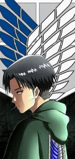 Anime character with wings in emerald green background.