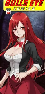 Anime heroine with red hair in a forest setting, comic style.