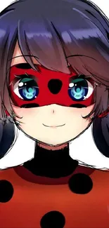 Anime heroine in red and black costume with vibrant design.