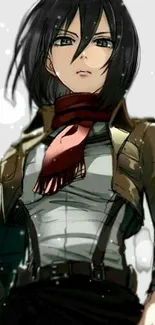 Anime heroine with a red scarf poses confidently on a gray background.