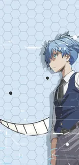 Anime character with hexagon background in light blue tones.