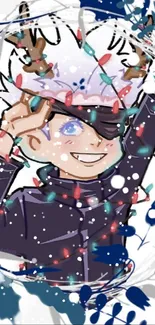 Festive anime character with reindeer antlers and holiday lights.