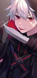 Anime character with white hair, red eyes, and a blade in dark tones.