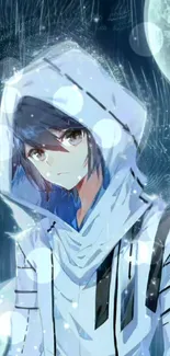 Anime character in a hoodie with a moonlit background.