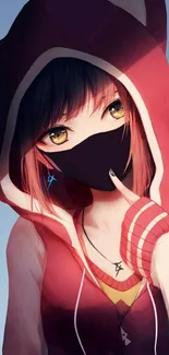 Anime girl in red hoodie with captivating look.