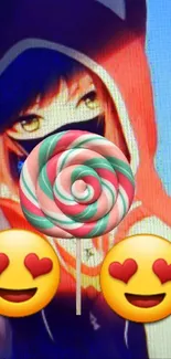 Anime girl in red hoodie with lollipop emoji.