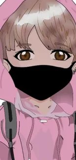 Anime character in pink hoodie with black mask illustration.