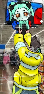 Anime character in a supermarket setting with vibrant yellow tones.