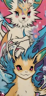 Colorful anime-inspired graffiti art on a phone wallpaper.