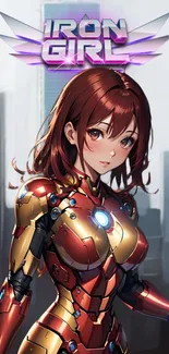 Anime Iron Girl in metallic armor with cityscape background.