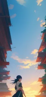 Anime character stands at sunset under a vibrant sky.