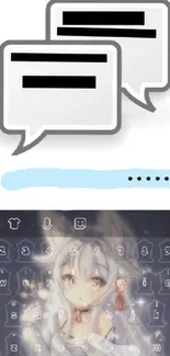 Anime-themed keyboard with messaging interface on mobile phone.
