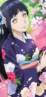 Anime character in a purple kimono with flowers and cherry blossoms.