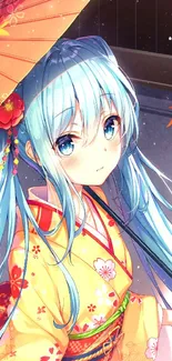 Anime girl in kimono with autumn leaves and vivid colors.