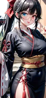 Anime character in black kimono with glasses in traditional setting.