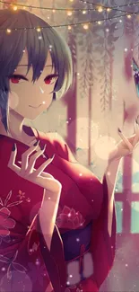 Anime girl in a red kimono with butterfly.